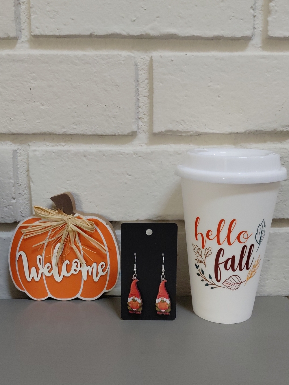 Hand-Painted Pumpkin, Dangle Gnome Earrings & Fall Tumbler Cup. New!